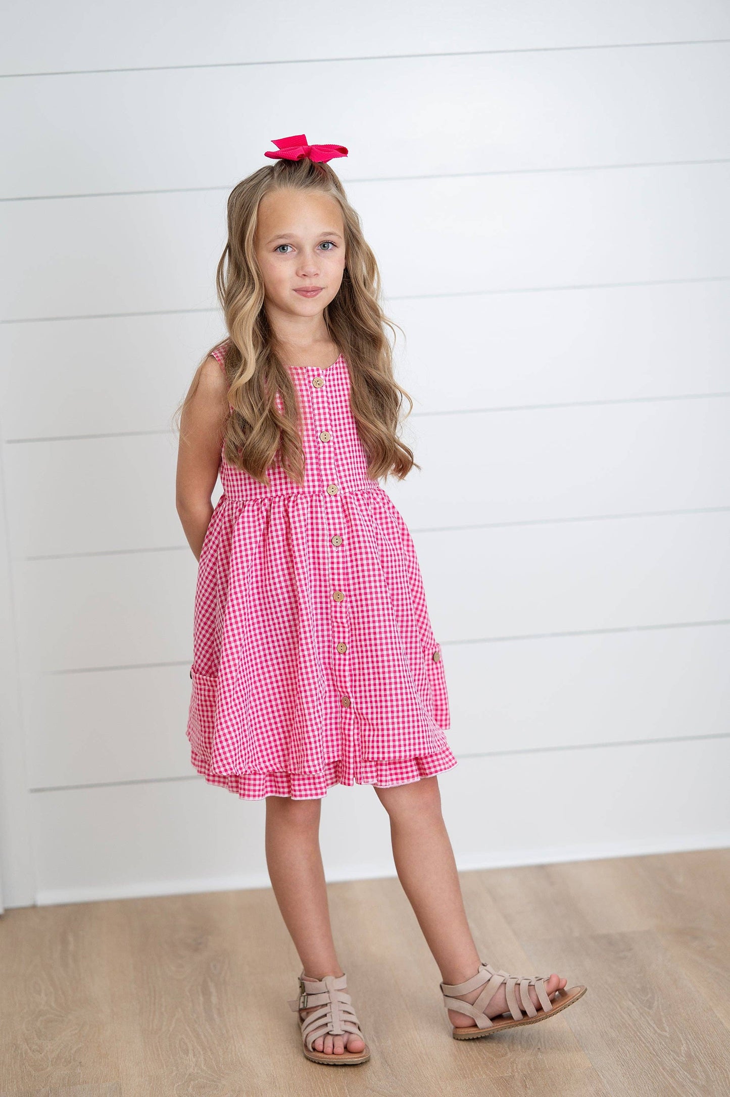 Kids Brooke Hot Pink Gingham Check Pocket Summer Dress