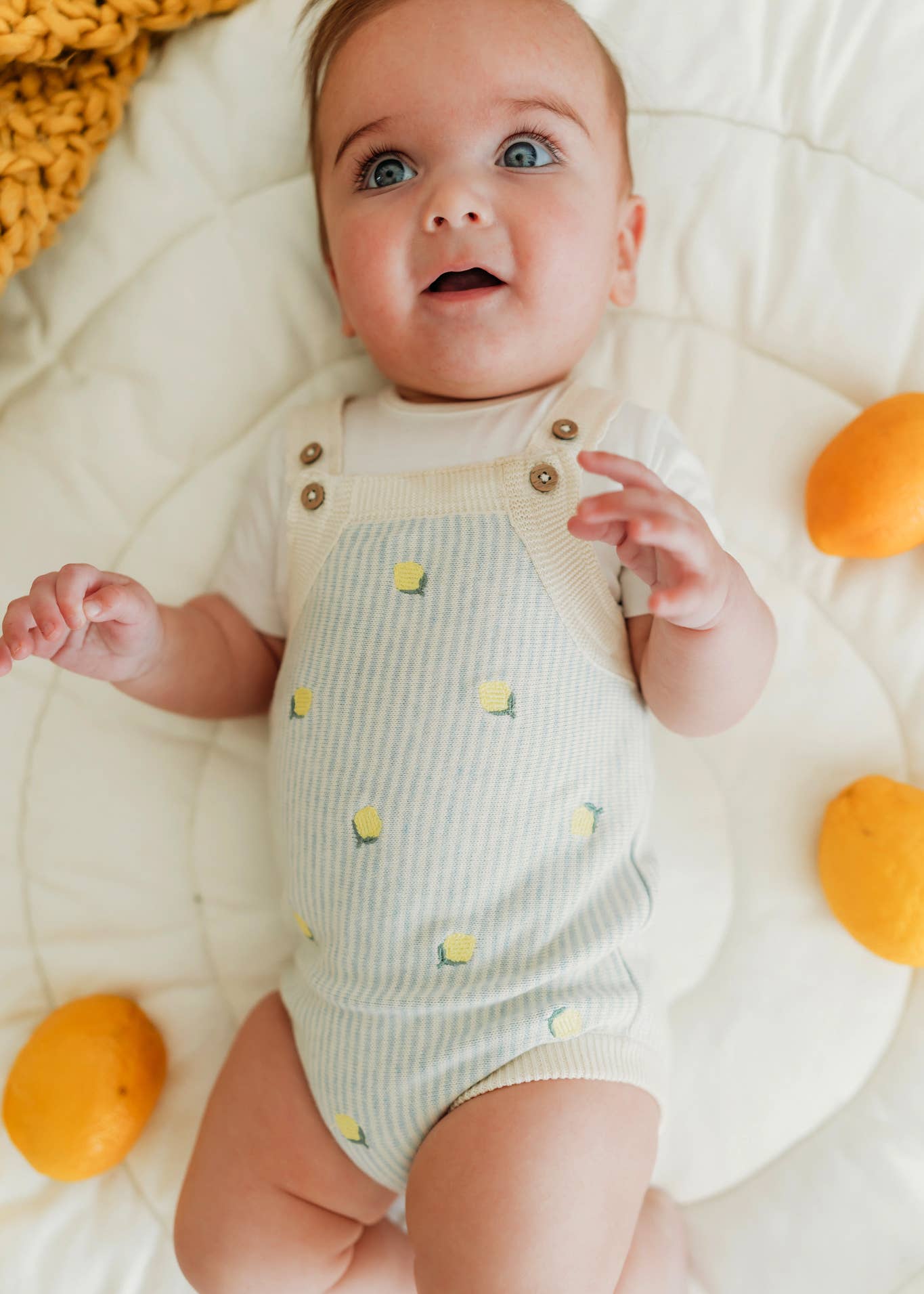Lemon Stripe Embroidered Knit Baby Romper Set (Organic Cotto