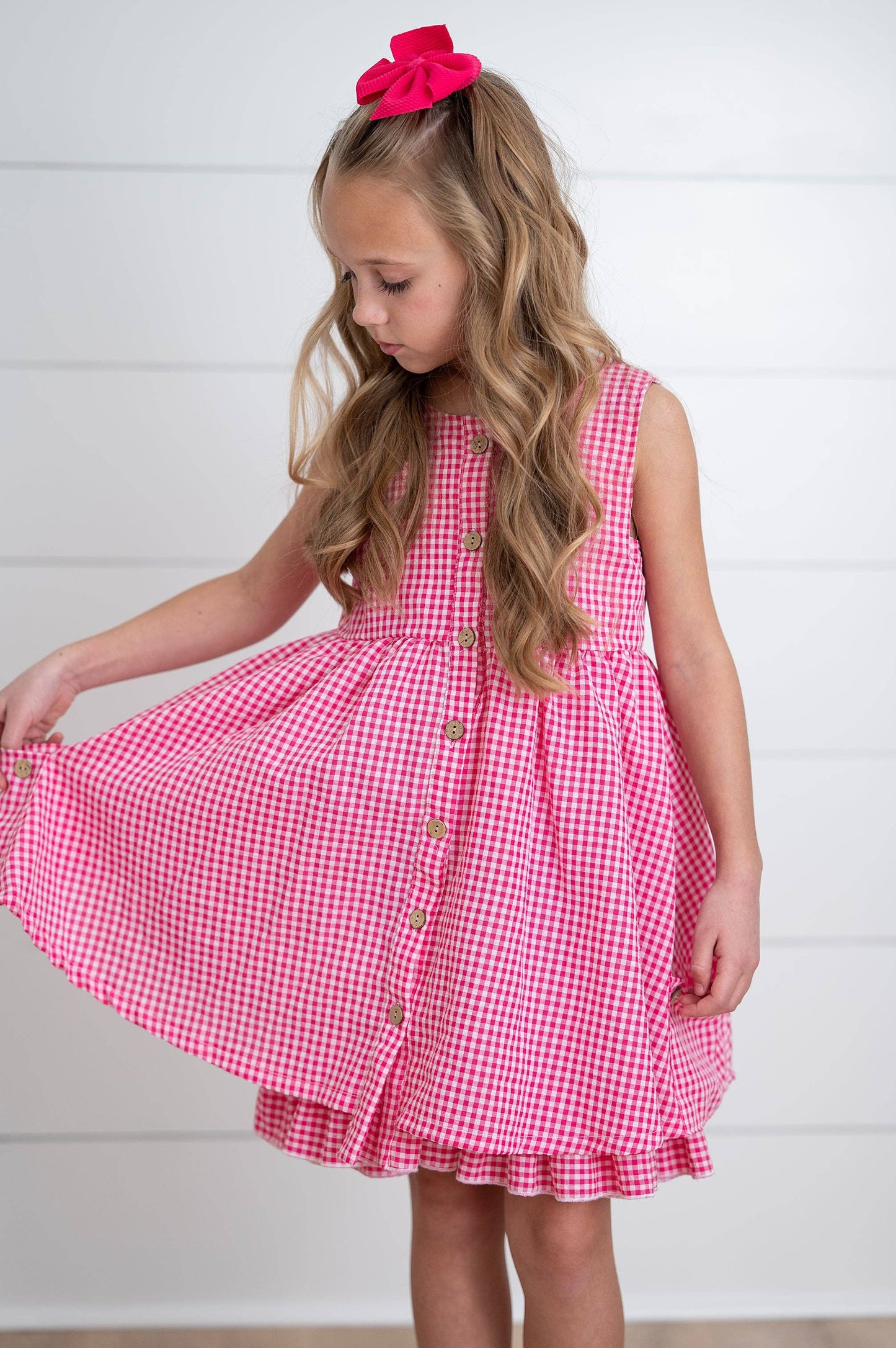 Kids Brooke Hot Pink Gingham Check Pocket Summer Dress