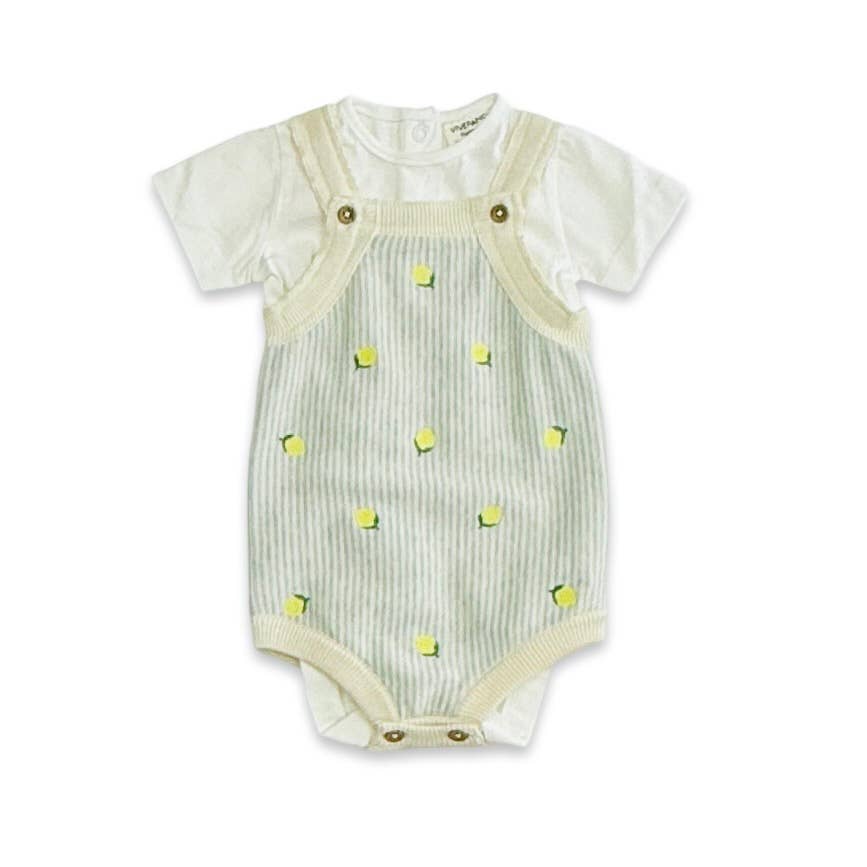 Lemon Stripe Embroidered Knit Baby Romper Set (Organic Cotto