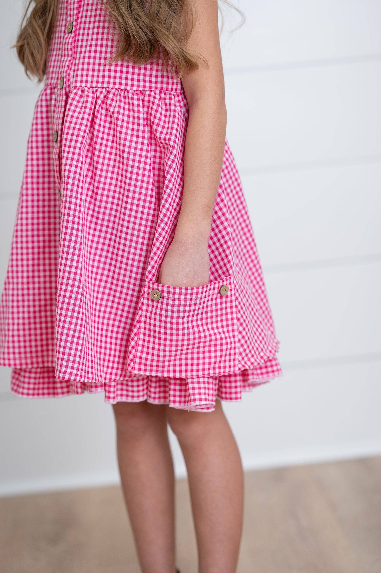 Kids Brooke Hot Pink Gingham Check Pocket Summer Dress