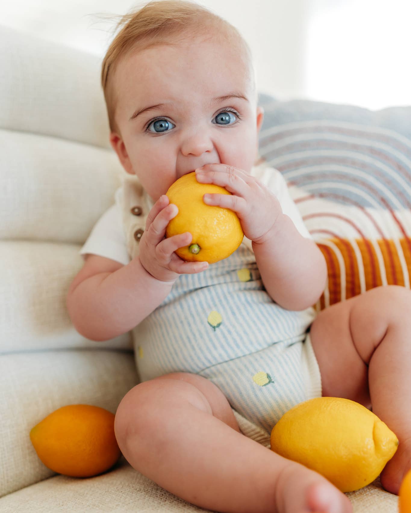 Lemon Stripe Embroidered Knit Baby Romper Set (Organic Cotto