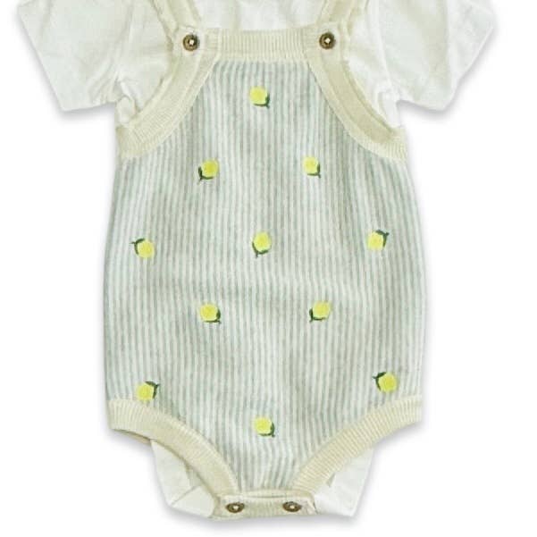 Lemon Stripe Embroidered Knit Baby Romper Set (Organic Cotto