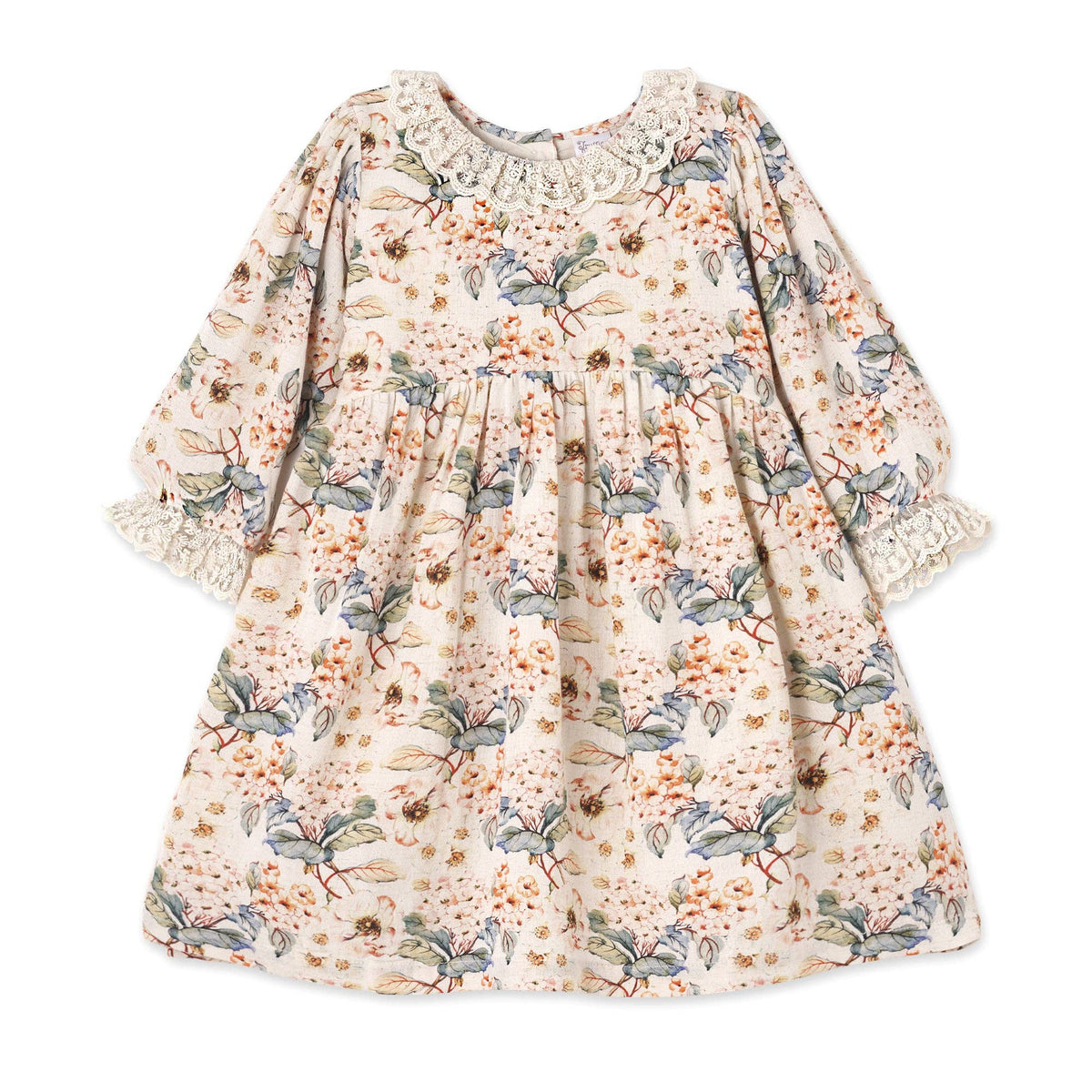 Vintage Floral Dress with Lace Collar Ruffles, Linen Blend