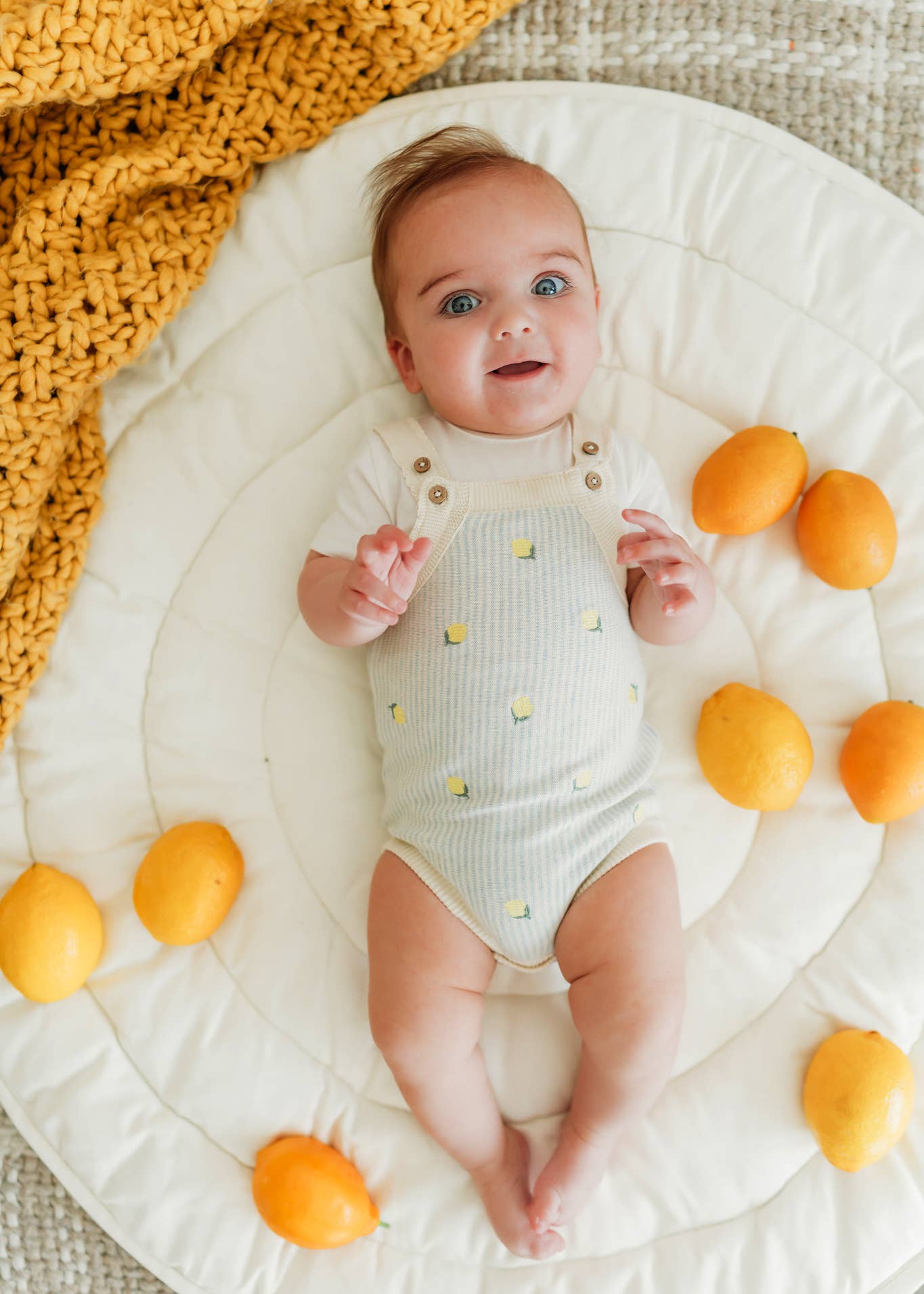 Lemon Stripe Embroidered Knit Baby Romper Set (Organic Cotto
